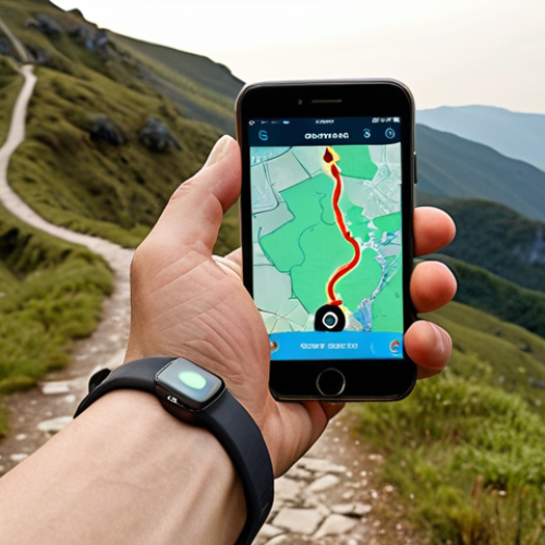 Home 4 A lone pilgrim walks a scenic, winding path. Their hand holds a smartphone displaying a translucent map app with glowing GPS tracking lines and subtle data overlays on the natural landscape. A modern smartwatch is visible on their wrist, showing faint biometric data. The scene emphasizes the seamless blend of an ancient spiritual journey with contemporary digital tools, conveying a sense of serene contemplation and technological integration. Detailed, realistic, natural lighting.