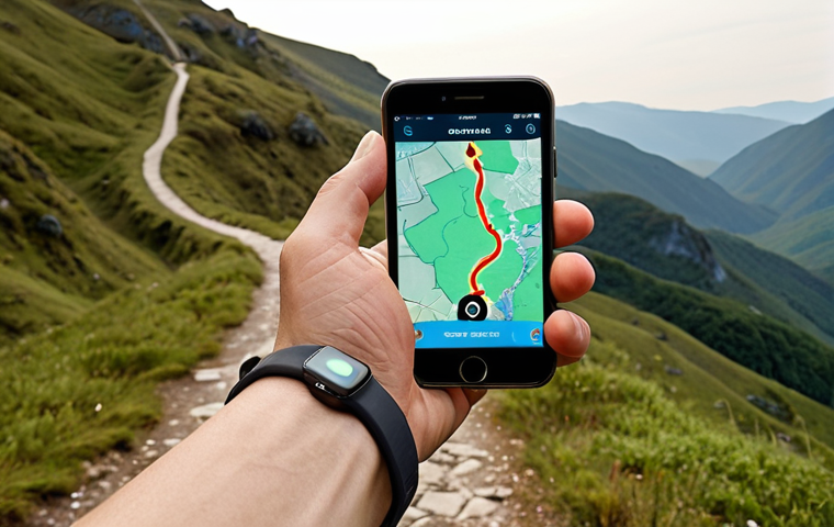 A lone pilgrim walks a scenic, winding path. Their hand holds a smartphone displaying a translucent map app with glowing GPS tracking lines and subtle data overlays on the natural landscape. A modern smartwatch is visible on their wrist, showing faint biometric data. The scene emphasizes the seamless blend of an ancient spiritual journey with contemporary digital tools, conveying a sense of serene contemplation and technological integration. Detailed, realistic, natural lighting.