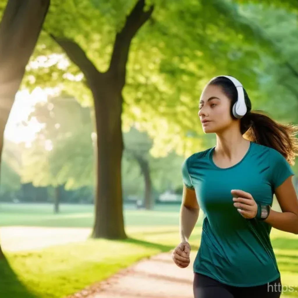 역사적 순례 여행을 위한 팟캐스트 추천 - A young woman in her late 20s, wearing comfortable athletic wear and wireless headphones, is enjoyin...