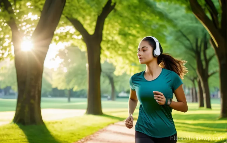 역사적 순례 여행을 위한 팟캐스트 추천 - A young woman in her late 20s, wearing comfortable athletic wear and wireless headphones, is enjoyin...