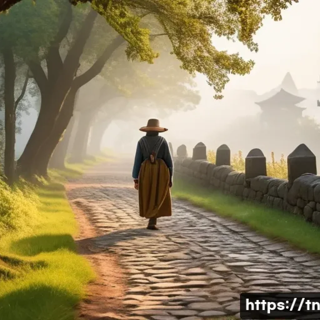 역사적 순례 여행의 비욘드 - A solo female pilgrim, dressed in modest, comfortable hiking attire, walks thoughtfully along an anc...