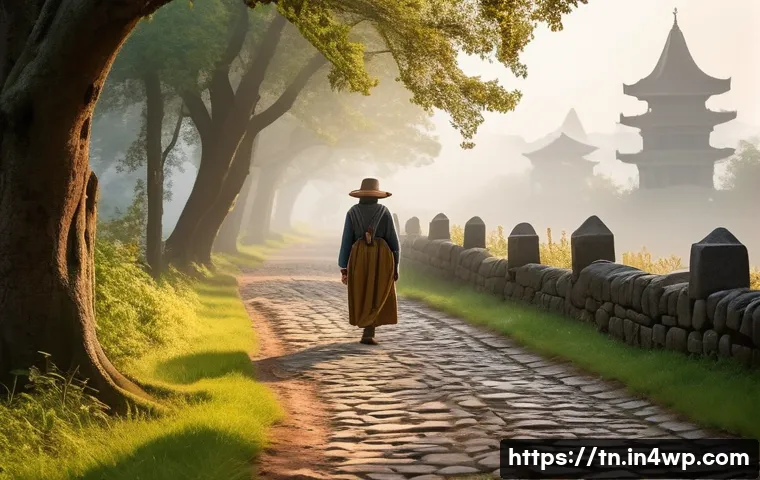 역사적 순례 여행의 비욘드 - A solo female pilgrim, dressed in modest, comfortable hiking attire, walks thoughtfully along an anc...