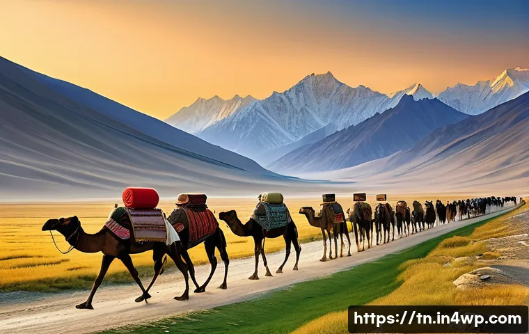역사적 순례 여행의 글로벌 사례 비교 - **Image Prompt 1: The Majestic Silk Road Journey**
    A panoramic, awe-inspiring view of an ancient...