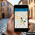 Home 22 역사적 순례 여행 준비를 위한 앱 추천 - A traveler using a smartphone with a detailed historical pilgrimage app interface visible on the scr...
