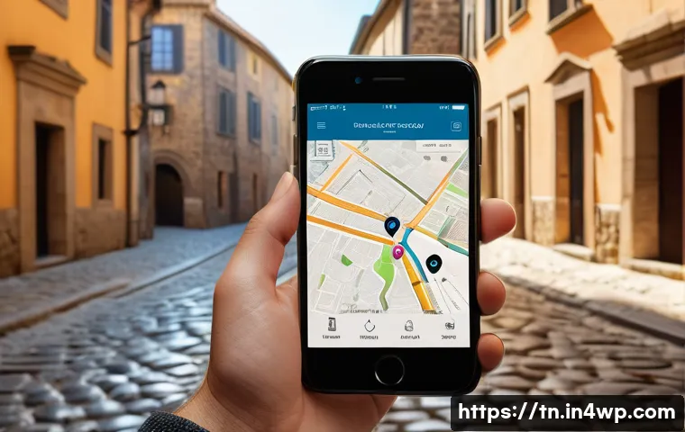 역사적 순례 여행 준비를 위한 앱 추천 - A traveler using a smartphone with a detailed historical pilgrimage app interface visible on the scr...