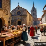 Home 21 역사적 순례 여행의 사회적 변화 - A vibrant medieval pilgrimage scene on the Santiago de Compostela route, featuring diverse pilgrims ...