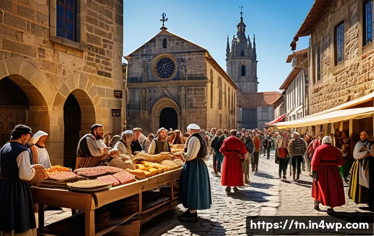 역사적 순례 여행의 사회적 변화 - A vibrant medieval pilgrimage scene on the Santiago de Compostela route, featuring diverse pilgrims ...