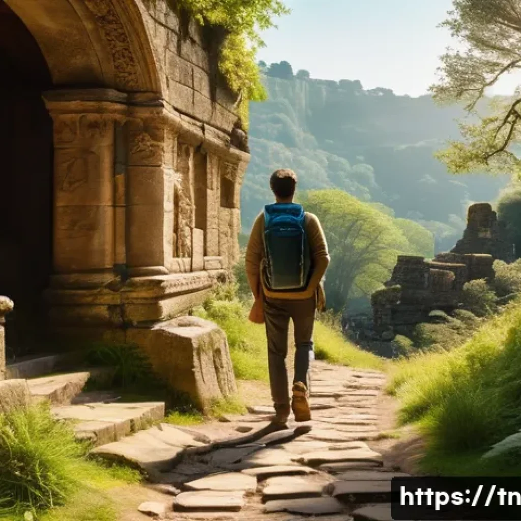 역사적 순례 여행의 문화적 가치 - A contemplative traveler walking along an ancient pilgrimage trail surrounded by historic ruins and ...