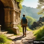 Home 20 역사적 순례 여행의 문화적 가치 - A contemplative traveler walking along an ancient pilgrimage trail surrounded by historic ruins and ...