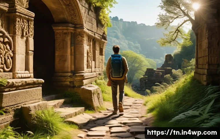 역사적 순례 여행의 문화적 가치 - A contemplative traveler walking along an ancient pilgrimage trail surrounded by historic ruins and ...