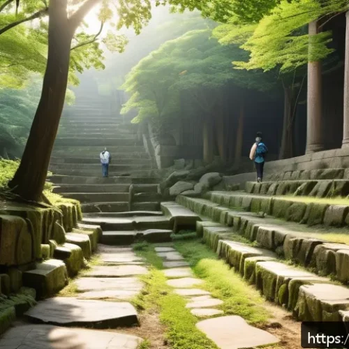 Home 30 역사적 순례 여행에서의 명상 시간 - A serene historical pilgrimage path winding through ancient ruins and lush greenery, with a solitary...