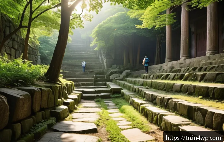 역사적 순례 여행에서의 명상 시간 - A serene historical pilgrimage path winding through ancient ruins and lush greenery, with a solitary...