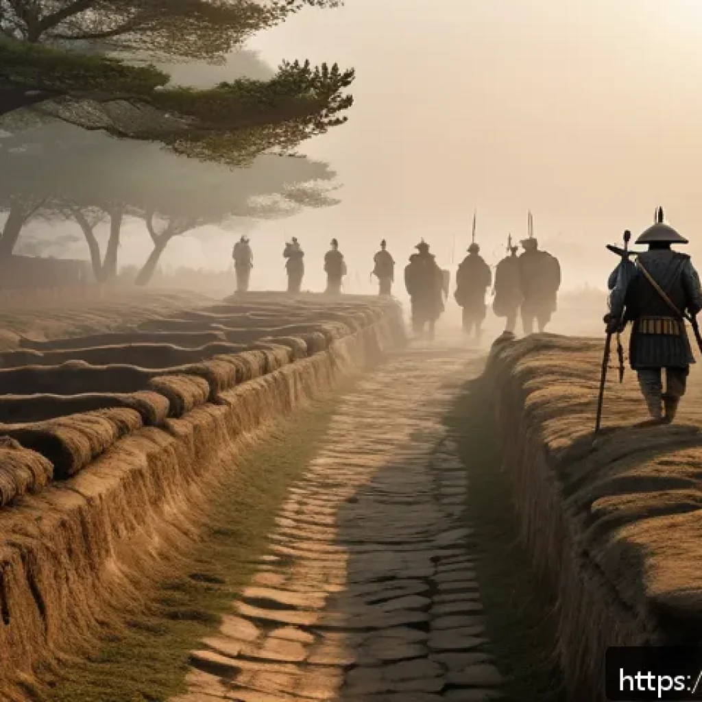 역사적 순례 여행의 교훈과 반성 - A solemn scene of a historical battlefield at dawn, mist rising over ancient trenches and scattered ...