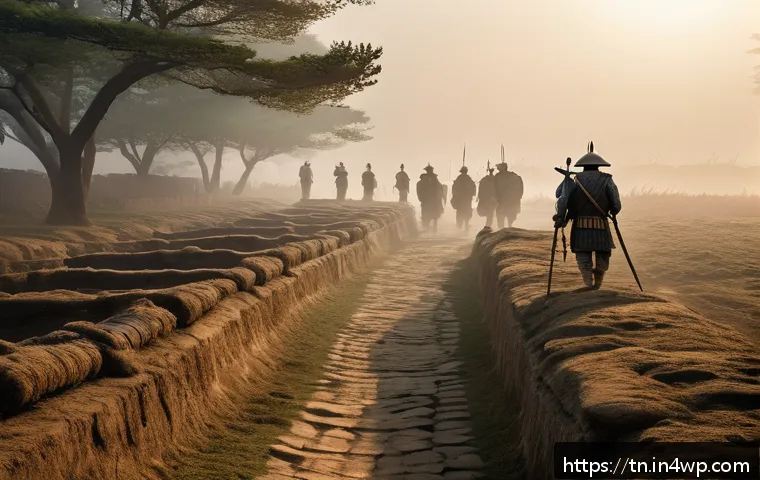 역사적 순례 여행의 교훈과 반성 - A solemn scene of a historical battlefield at dawn, mist rising over ancient trenches and scattered ...