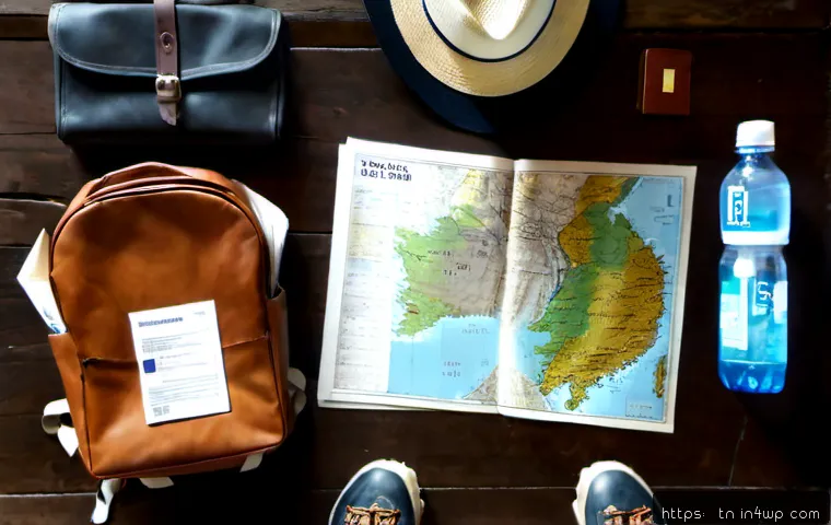 Home 17 역사적 순례 여행 준비물 체크리스트 - Photorealistic overhead flat lay of historical pilgrimage travel essentials arranged neatly on a rus...